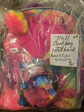 NEW PINK TROLLS BACKPACK BOOKBAG and Hair clip, Music CD, Head band SET NEW